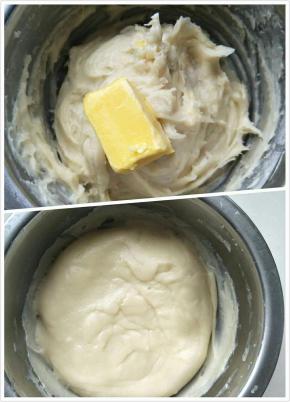 4、取出稍凉后，加入黄油油揉成光滑的面团，入冰箱冷藏；