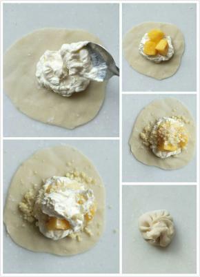 、粉皮放上少量打发奶油，加芒果粒，在加椰蓉酥粒，然后象包包子一样收口包好。