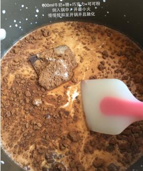 600ml牛奶+糖+巧克力+可可粉，倒入锅中开最小火，慢慢搅拌至巧克力融化，然后开锅