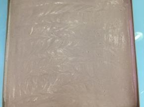 将拌好的蛋糕糊倒入不粘烤盘中（28*28金色不粘烤盘），轻轻的晃动几下，再用力震几下，震出大气泡。