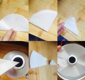 这里其说下我用的中空活底模具，你也可以直接用6寸活底模具，高度影响不太大，中空模具选择三颗小一点的鸡蛋，普通活底用3颗中等鸡蛋或者大一点的鸡蛋，其他配方量不变。图为如何剪中空的油纸。