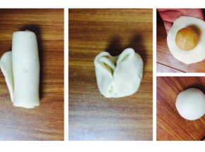 把卷起来的竖着放。按扁，再擀成长条。再卷起来，两端捏一起，揉圆。也是20个都做了，做完最后一个第一个也好了。然后擀皮，中间厚两边薄，包一个馅进去。收口朝下放置。