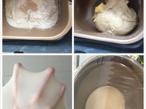面包体中，除黄油外的所有材料都放进面包机桶中，开和面模式揉15分钟后，加入室温软化的黄油，继续揉至扩展阶段，能扯出较结实的薄膜（手套膜），然后放盆中盖保鲜膜室温发酵大概一个小时（也可以用面包机发酵一小时）