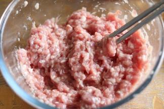 猪肉末，撒上少许盐，加入适量白开水，顺一个方向搅拌上筋。