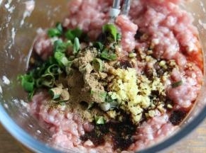 搅拌好的猪肉沫，加上香葱沫，姜末，生抽，十三香，鸡汁，麻油，搅拌匀。
