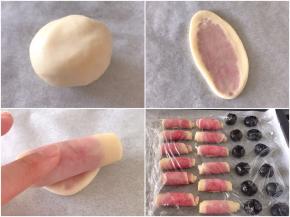 跟着图那样做：水油皮摊开，包上油酥，用虎口收紧，开口朝下放置，用擀面杖竖向擀成长条形，从上到下卷起，盖保鲜膜静置15分钟。横着的面条旋转90度成纵向，再用擀面杖擀开，变得更长的一条，再卷起来。盖上保鲜膜，静置15分钟。