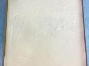 将拌好的蛋糕糊倒入不粘烤盘中（屋诺28*28金色不粘烤盘），轻轻的晃动几下，再用力震几下，震出大气泡。