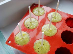 轻轻镇几下使表面平整，中间插入冰棒棍，入冰箱冷冻至完全凝固即可。（由于果泥很浓稠冰棒棍很容易站立）