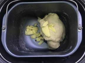 和面程序结束后，放入软化的黄油，再启动和面程序10分钟，进行基础发酵。