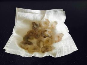 冷冻虾仁解冻后用厨房用纸吸干水份（如果用鲜虾的话就要先去皮，然后挑出虾线，再用厨房用纸吸干水份）