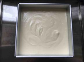 8寸方形阳极模具，底部铺油纸，倒入面糊震出空气，烤箱预热140度，预热到位后放入蛋糕模具，烤60分钟。