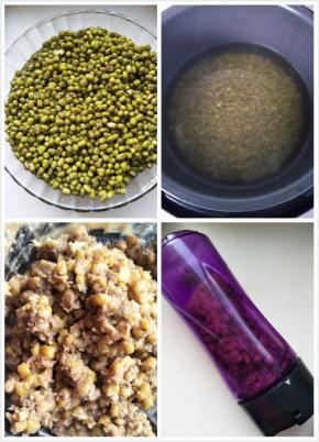 放入电饭锅煮饭健，煮好的绿豆放入料理机加少许水搅拌打碎。