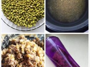 放入电饭锅煮饭健，煮好的绿豆放入料理机加少许水搅拌打碎。