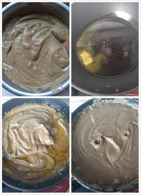 料理机打好的绿豆成糊状，不粘锅小火下入黄油和植物油，加热至液态。（可全部黄油，黄油能使口感更加香甜）倒入绿豆糊翻炒，期间要不停搅拌以免糊锅，也防止绿豆糕溅起烫伤。