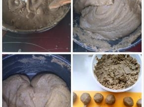 加入糖慢慢翻炒，这个时间有些漫长，炒至绿豆泥水分变少，即可出锅，晾凉。（重点：不要炒得太干，否则吃的时候会散，不够紧实。）分成30克一个，或者50克一个。(根据模具大小)