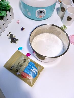 做4个分杯，不锈钢内胆可以当碗用，放入鲜牛奶加入酸奶发酵剂充分搅拌，多搅拌一会，以保证搅拌均匀。0.5克发酵剂不好称量，我将1克的发酵剂倒出来分成了两份，取其中一份倒入。