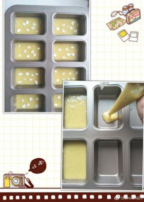 7、将拌好的面糊装入裱花袋中。
8、挤入金砖模具中 ，约8分满即可，再撒上杏仁片。