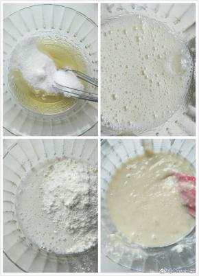 2、蛋清加糖、蜂蜜混合，用手动打蛋器搅打至出现粗泡状态。
3、将杏仁粉、低筋面粉混合筛入搅打好的蛋清中。
4、翻拌均匀。