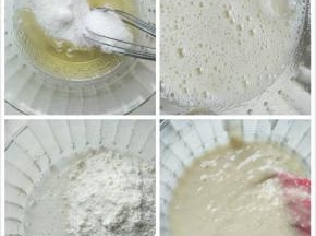 2、蛋清加糖、蜂蜜混合，用手动打蛋器搅打至出现粗泡状态。
3、将杏仁粉、低筋面粉混合筛入搅打好的蛋清中。
4、翻拌均匀。