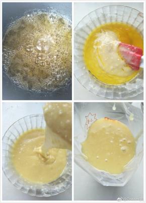 5、黄油小火加热至出现黄油液体表面开始出现茶色沸腾泡沫时关火，放凉后加入面糊中。
再次拌匀。