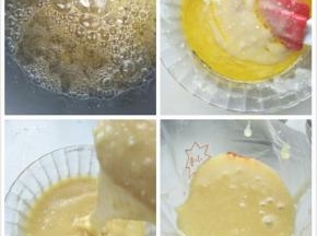 5、黄油小火加热至出现黄油液体表面开始出现茶色沸腾泡沫时关火，放凉后加入面糊中。
再次拌匀。
