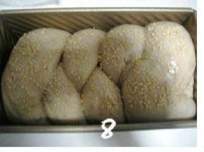 发酵至九分满，表面刷上蛋液，撒上白芝麻。烤箱预热180度，下层，烤40分钟。