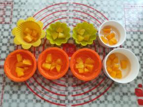 模具里倒入三分之一的凉粉水，放入适量的果粒