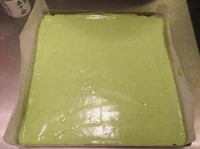 将拌好的蛋糕糊倒入28x28的方形烤盘内，表面用刮刀抹平，轻震几下去气泡