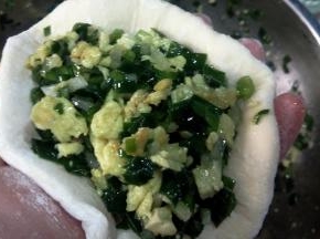 把所有馅料混合，放盐、蚝油和香油拌匀。取一包子皮，放上馅料。没把握包太多馅料，可以少放些。