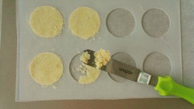 准备好一张油纸，用小号的抹刀挑一块椰蓉面团，用瓦片模具来整形，这样就可以保证每一块饼干都是一样薄的，这个模具淘宝上有卖