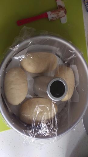 包好巧克力酱后放入膜中，准备2发，拿2碗热水放入烤箱，膜具一起放去烤箱2发。