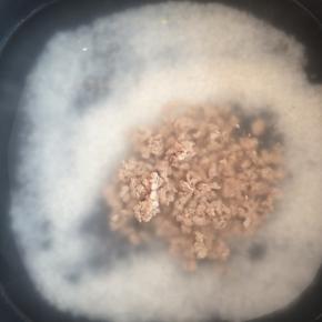 锅中加入肉末。