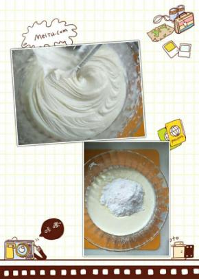 奶油加糖倒入容器中，用电动打蛋器打发至六、七成，即表面可以拉出一个小尖