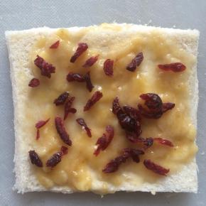 香蕉去皮，用勺子压成泥。
吐司片上抹一层香蕉泥。
撒一些蔓越莓果干碎。