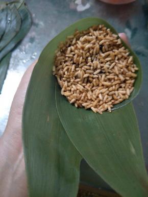 再用糯米将空隙填满，压实。尖头向下，粽叶盖住馅料，向前翻，用手固定住。