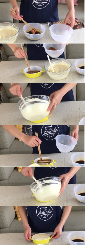 将手指饼干放入做好的咖啡糖酒里，裹上咖啡糖酒后铺在制作提拉米苏的容器底部，然后倒入一层马斯卡彭蛋奶糊，接着再铺一层手指饼干，最后再加入一层马斯卡彭蛋奶糊
将容器在桌上轻磕，把表面马斯卡彭蛋奶糊震平，然后放入冰箱冷藏4小时以上
