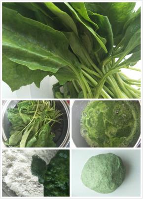 做法:
菠菜过水榨汁，用小锅煮开，烫水和面，和好的面团光滑不沾手.