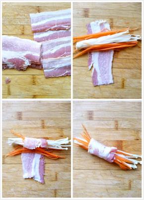 取一片培根，中间切开。Smithfield进口美式培根，每一片培根都是精挑细选的，肥瘦相间，不添加食品香精，着色剂，淀粉。口感美味香醇。培根一端放入少许金针菇、、红萝卜，从一端卷向另一端，卷完后用牙签固定
。