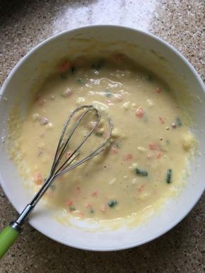 搅拌均匀，豆渣没有过滤的很干，所以不用加水，调出来的豆渣面糊是刚刚好的