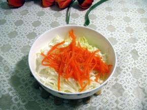 碗里放上切好的白菜丝白菜上放入煮好的胡萝卜