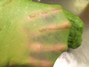 揉至10分钟时检查面团，能拉厚膜时放入黄油，揉至能拉出手套膜