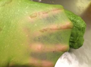 揉至10分钟时检查面团，能拉厚膜时放入黄油，揉至能拉出手套膜