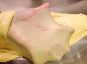 20分钟后检查面团状态，能拉出均匀不易破的手套膜