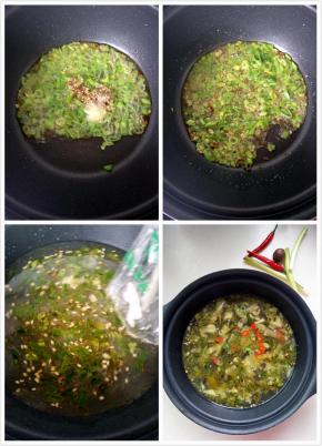 锅内放入少量食用油放入葱花，蒜苗，花椒，花椒，要爆香，倒入鲜浆水煮开，出锅前加入小米辣。