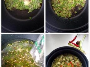 锅内放入少量食用油放入葱花，蒜苗，花椒，花椒，要爆香，倒入鲜浆水煮开，出锅前加入小米辣。