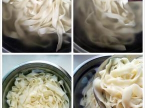 锅内放足量的水，水滚开下入面条，用筷子挑散，煮好的面条要放在事先晾冷的开水里。