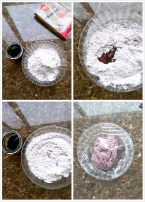 材料:一包面粉，100克桑葚汁，小葱一根意大利肉酱一包。
做法:分多次少许慢慢倒入桑葚汁，用筷子搅拌成小细粒，成大块状后面用手和成硬面团。