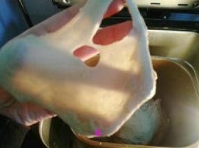 第二个揉面程序结束后，可以抻出透明不结实的薄膜，此时已到扩展阶段。