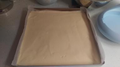 搅拌好后，倒入烤盘。用刮刀刮均匀。把烤盘从高处10CM，振它1-2次，让里面的汽泡出来。