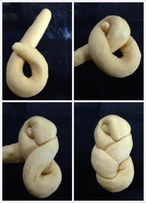 7、将面团搓长编成麻花形。麻花做法—将面团搓长摆成6字，将上面的部分穿过6的圈中，将圆圈部分扭180度，将穿过圈中的那一端从上方塞入圆圈中。